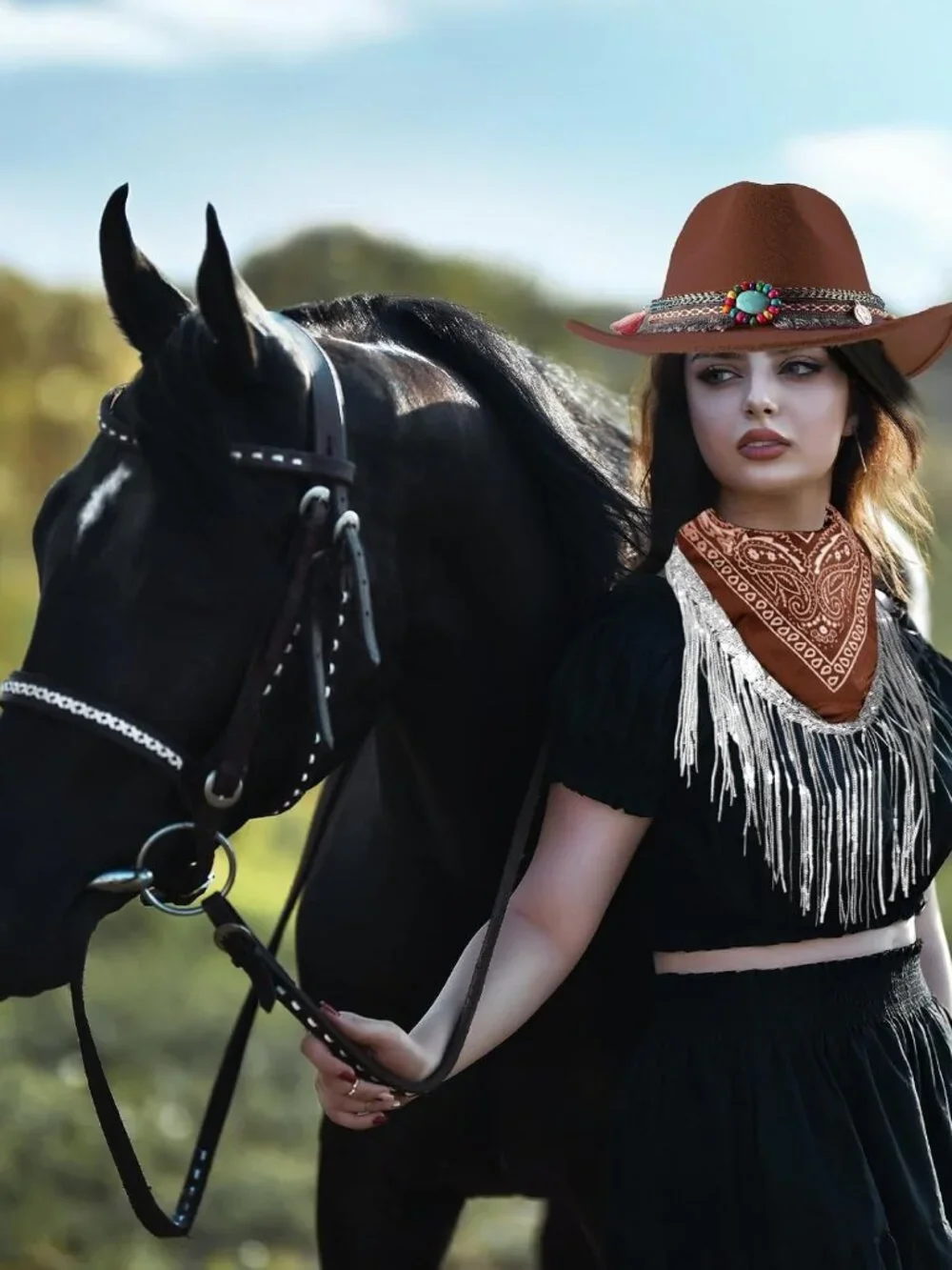 Hat with Fringed Bandana Set for Women Wide Brim Western Cowgirl Hat Paisley Hea